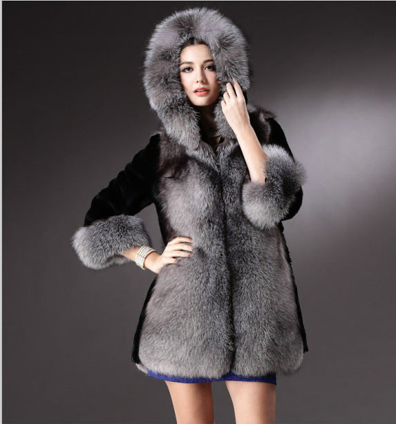 Damen Luxus Kunstpelzjacke mit Kapuze und dekorativen Details EB