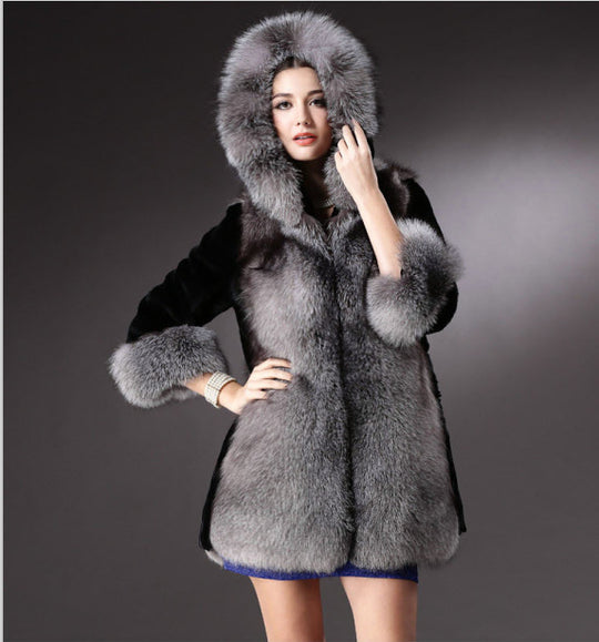 Damen Luxus Kunstpelzjacke mit Kapuze und dekorativen Details EB