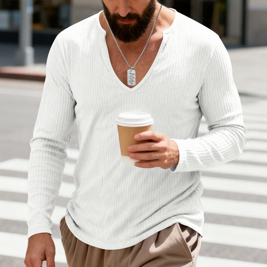 Herren nan geripptes V-Ausschnitt Langarmshirt aus leichter Baumwollmischung EB