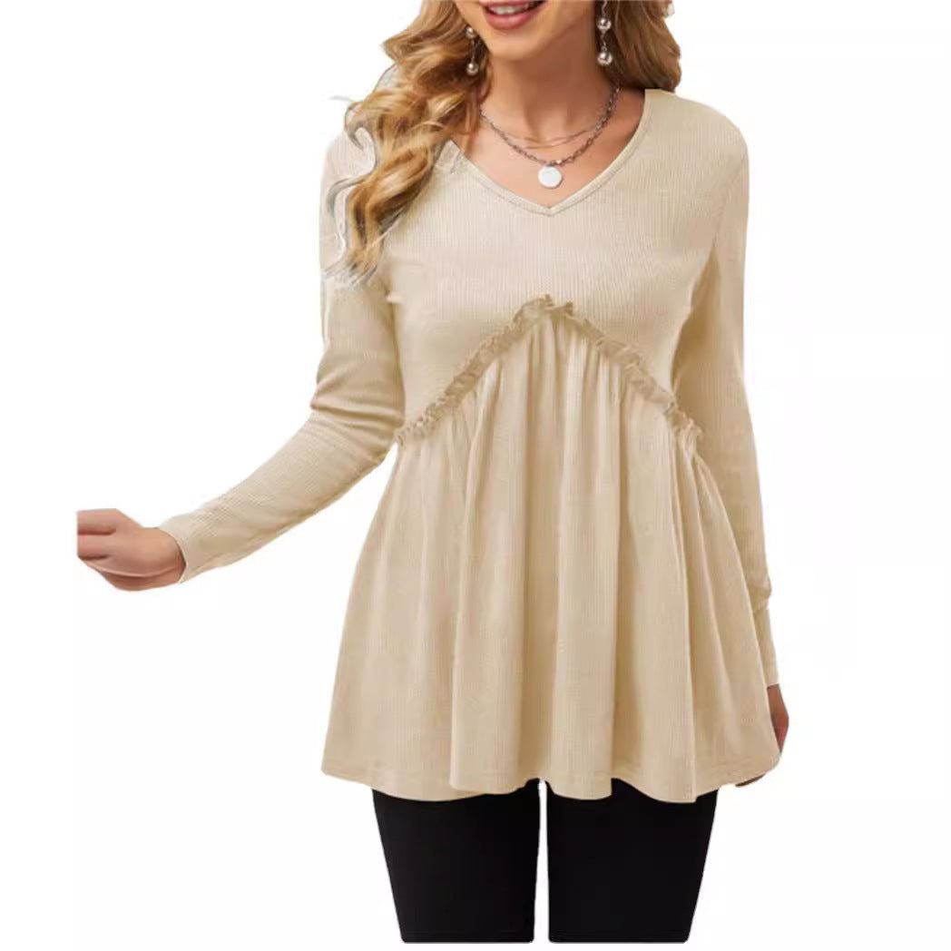 Damen V-Ausschnitt Langarmshirt mit Rüschendetail EB