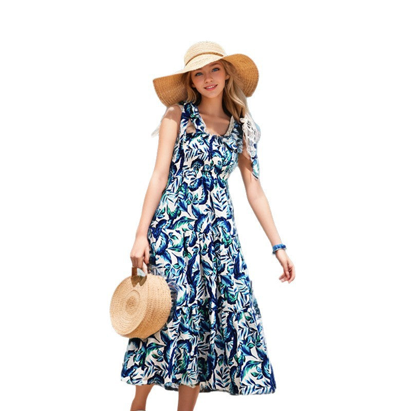 Damen Strandkleid mit floralem Muster und schwingendem Rock EB