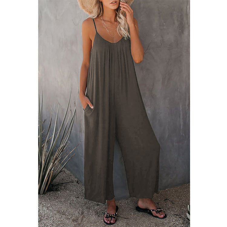 Damen Lässiger Sommer-Jumpsuit mit tiefem Ausschnitt und praktischen Taschen EB
