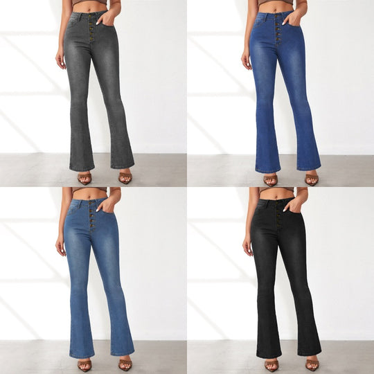 Damen Flared Jeans mit hohen Bund und modischen Knopfdetails EB