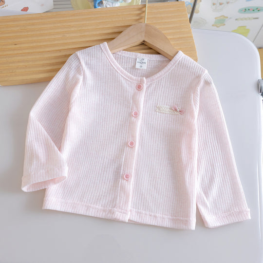 Mädchen Nan Ripp-Strick Bio-Gefühl Baby-Strickjacke mit Knopfverschluss und gesticktem Bogen EB