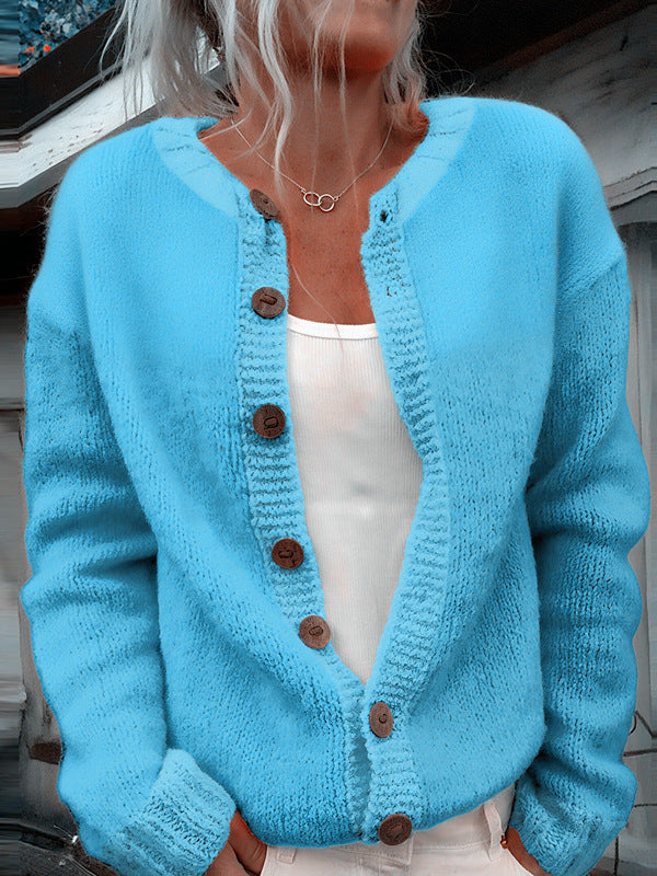 Damen nan kuscheliger Strickcardigan mit Zierholzknöpfen und Rundhalsausschnitt EB