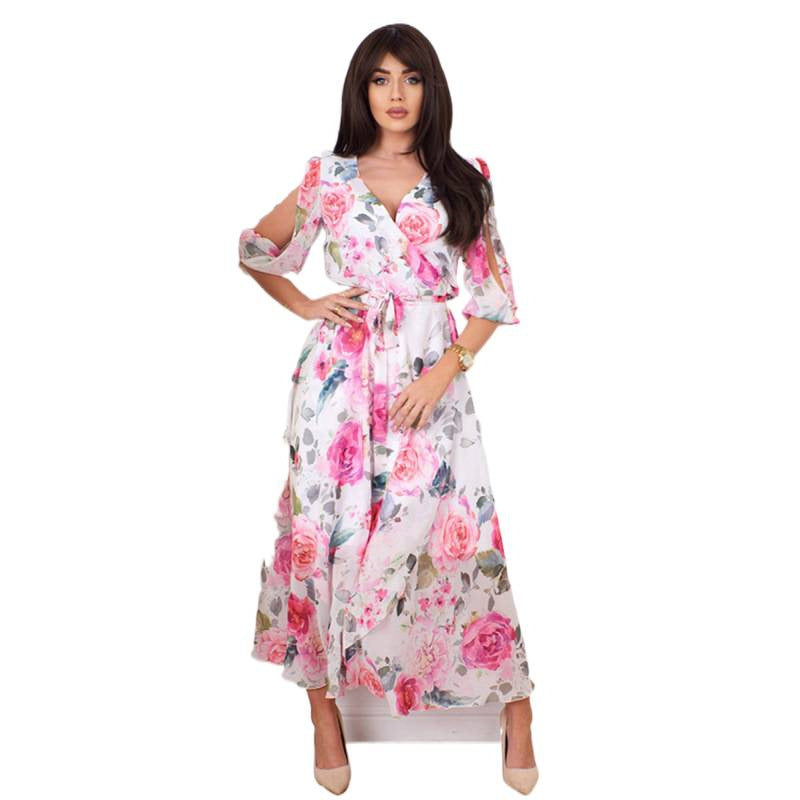 Damen Maxikleid mit schulterfreien Ärmeln und floralem Design EB