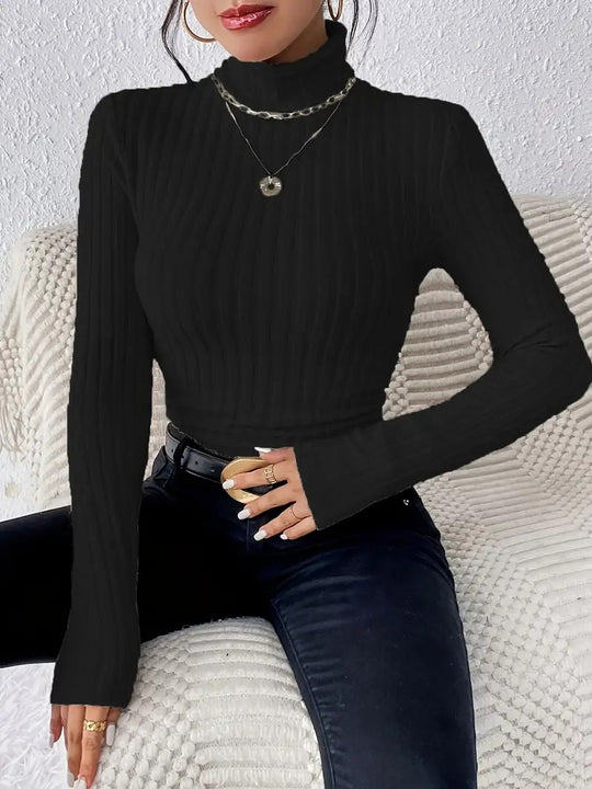 Damen Langarm Rollkragenpullover aus feinem Rippstrick EB