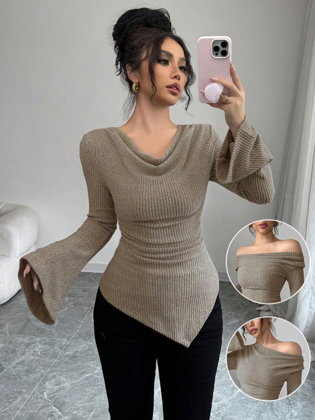 Damen elegantes Ripp-Oberteil mit asymmetrischem Saum und schulterfreiem Design EB