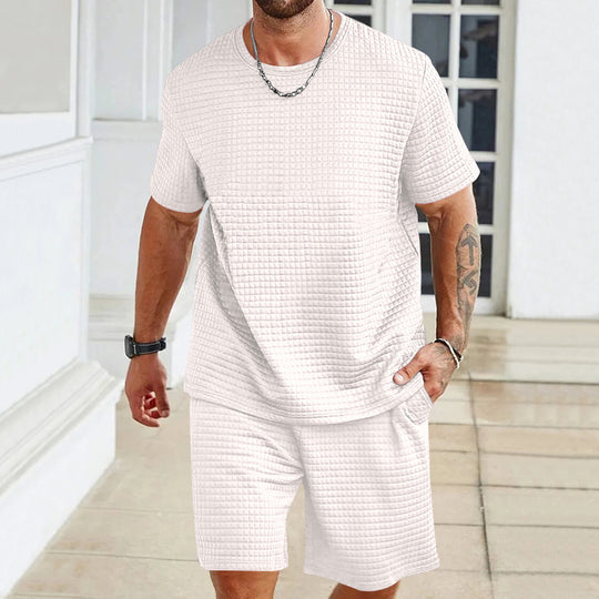 Herren nan Waffelstruktur Wohn- und Freizeit-Set mit weit geschnittenem Kurzarmshirt und kurzer Hose mit elastischem Bund EB