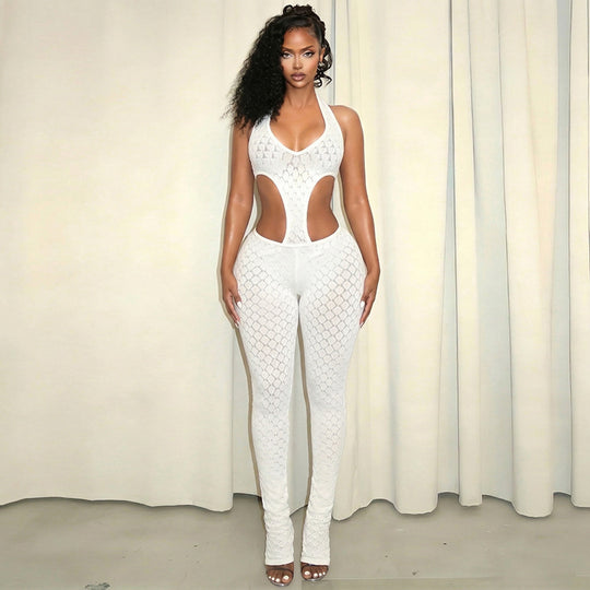 Damen Cut-Out Bodycon Overall mit tiefem V-Ausschnitt und transparenter Häkelstruktur EB