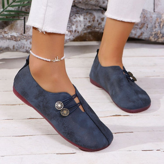 Damen nan elegante Komfort-Slipper im Mokassinstil mit elastischer Zierkordel und Knopfdetail EB