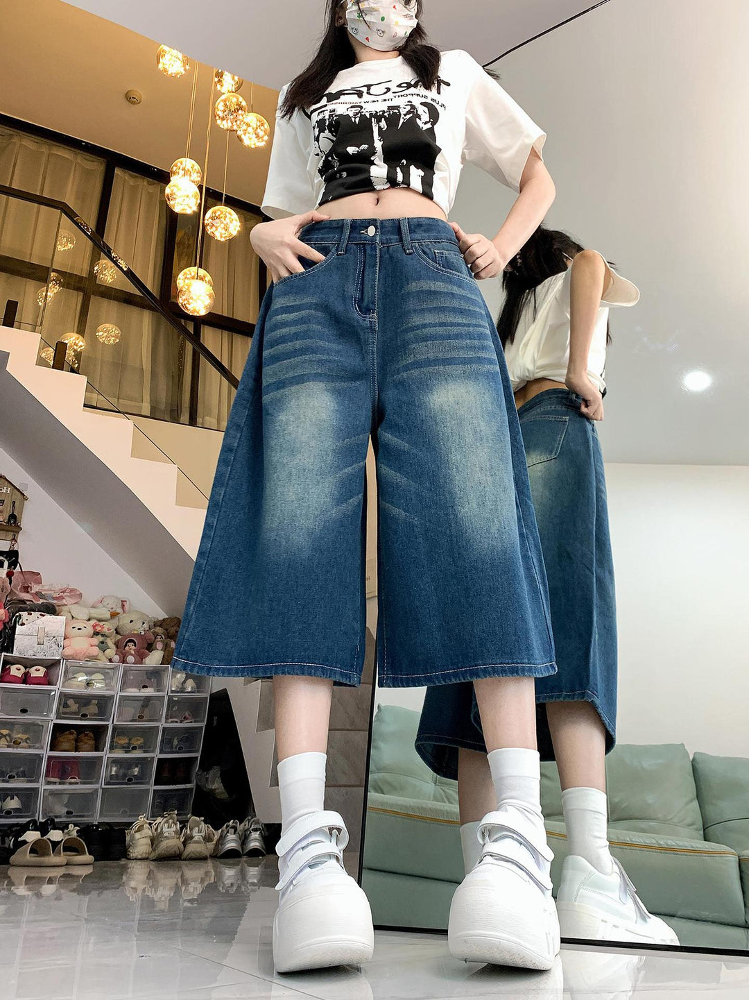 Damen Weite Denim-Culotte mit hohem Bund und elastischem Taillenbund EB