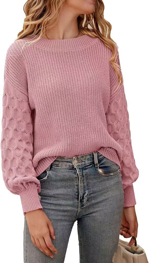 Damen modischer Strickpullover mit strukturierten Ärmeln und Rundhalsausschnitt EB