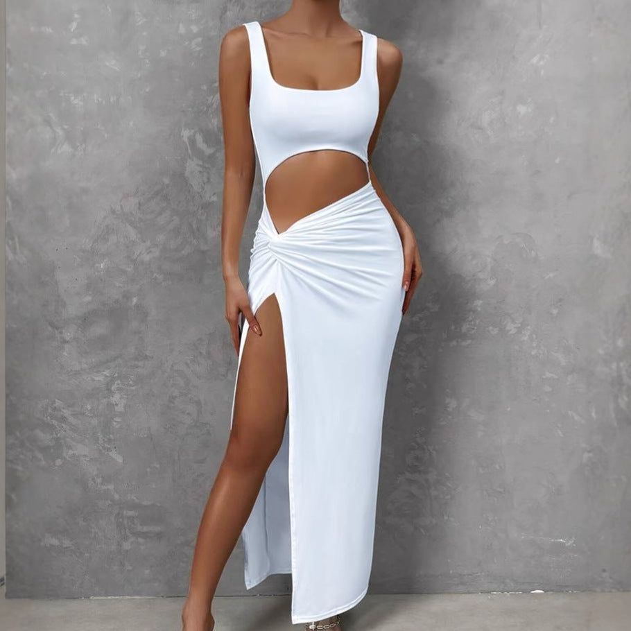 Damen Figurbetontes Cut-Out Maxikleid mit hohem Schlitz und Rüschendetail EB