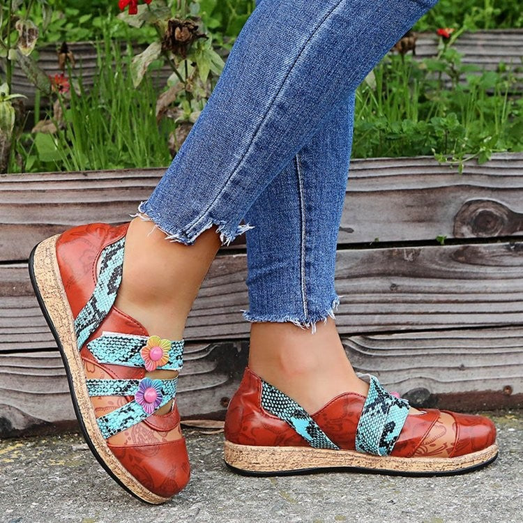 Damen modische Komfort-Pantoletten mit buntem Blüten-Design und ergonomischem Fußbett EB