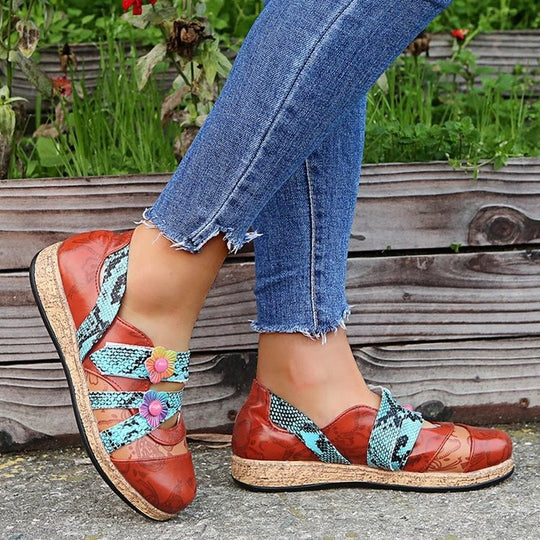 Damen modische Komfort-Pantoletten mit buntem Blüten-Design und ergonomischem Fußbett EB
