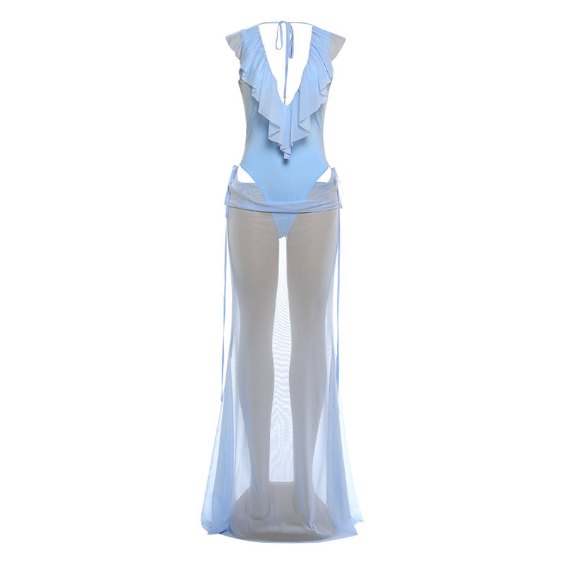 Damen Elegantes Strandkleid mit fransigen Details und tiefem V-Ausschnitt EB
