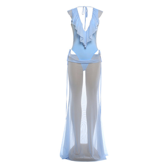 Damen Elegantes Strandkleid mit fransigen Details und tiefem V-Ausschnitt EB
