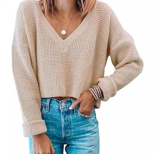 Damen modischer V-Ausschnitt Pullover im Waffelstrick EB