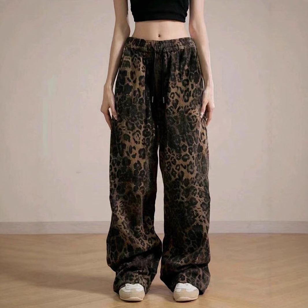Damen Weit geschnittene Leinenhose mit Leopardenmuster EB