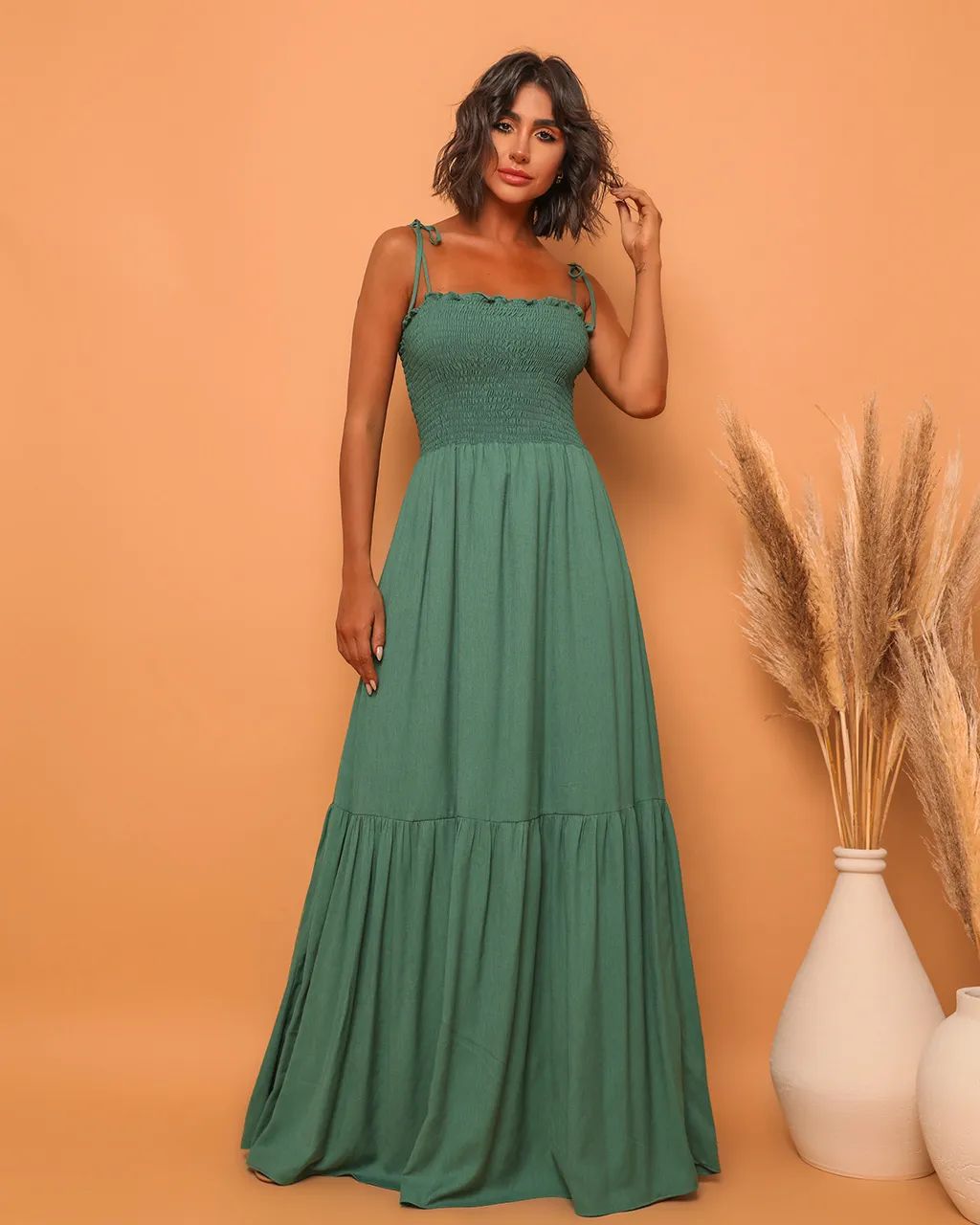 Damen luftiges Maxikleid mit Spaghetti-Trägern und Rüschendetails EB