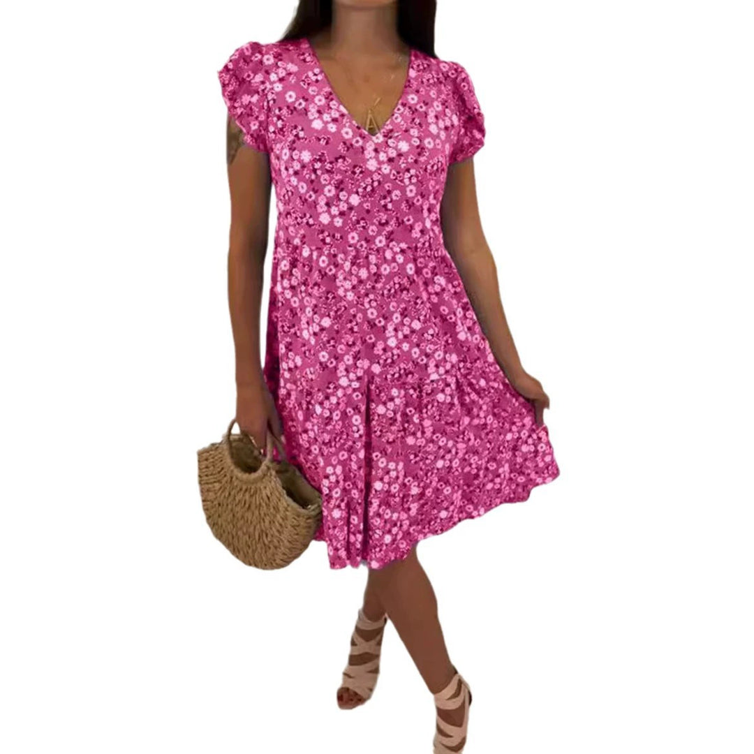 Damen Sommerliches Blütenmuster Kleid mit V-Ausschnitt und Rüschendetails Heidi-Mode