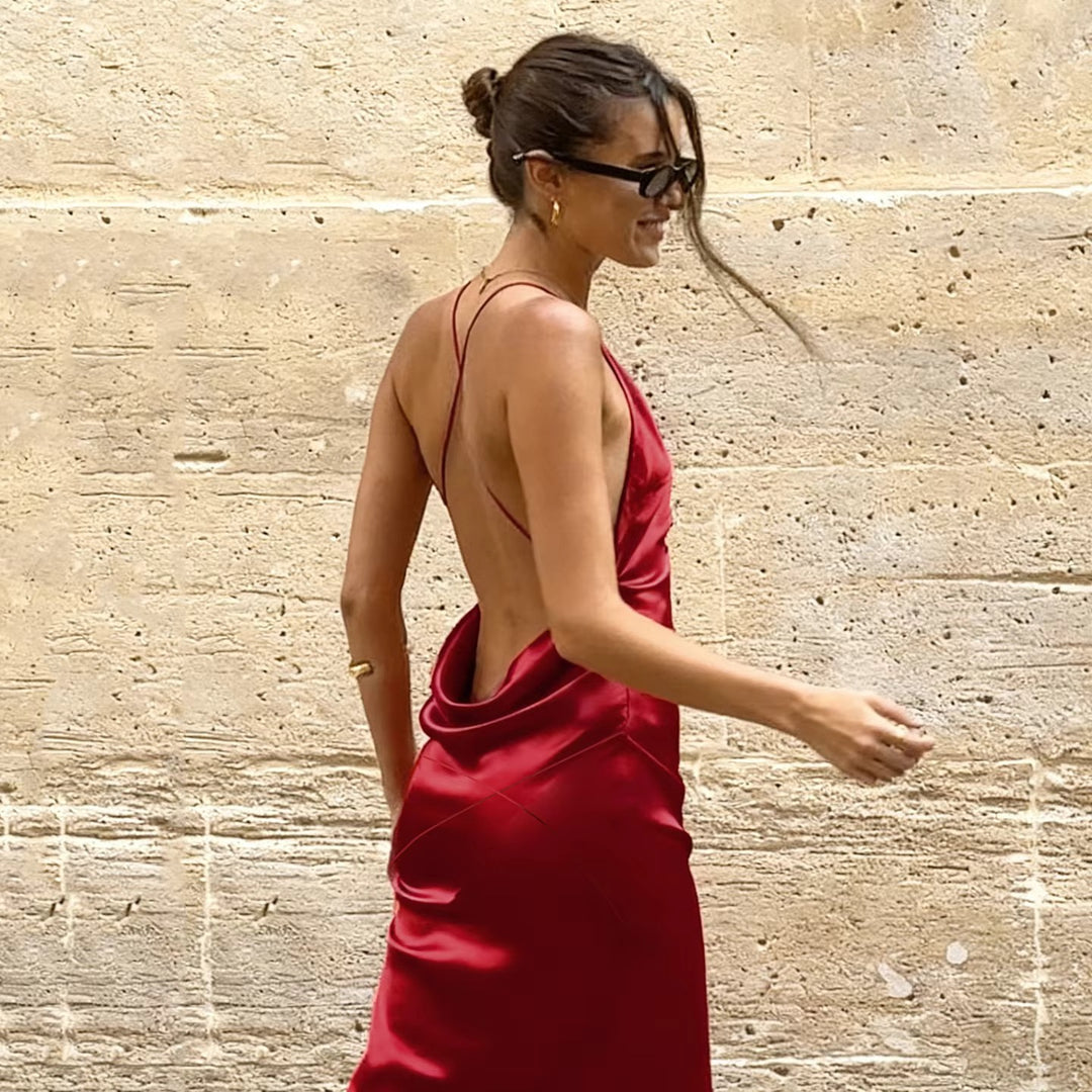 Damen Maxikleid mit tiefem V-Ausschnitt und gekreuzten Spaghettiträgern EB