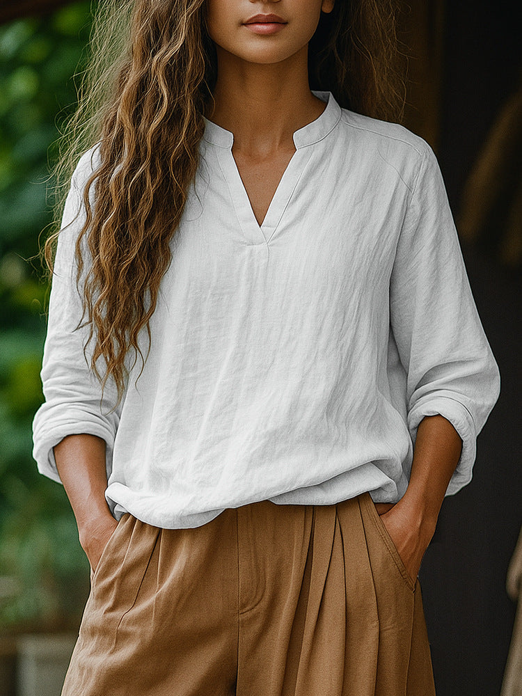 Damen Casual Tunika-Bluse in Leinenoptik mit kleinem Stehkragen und V‑Schlitz EB