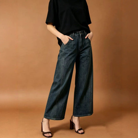 Damen nan hohe Taille Plissée Wide-Leg-Denimhose mit verkürztem Bein und dekorativen Vorderfalten EB