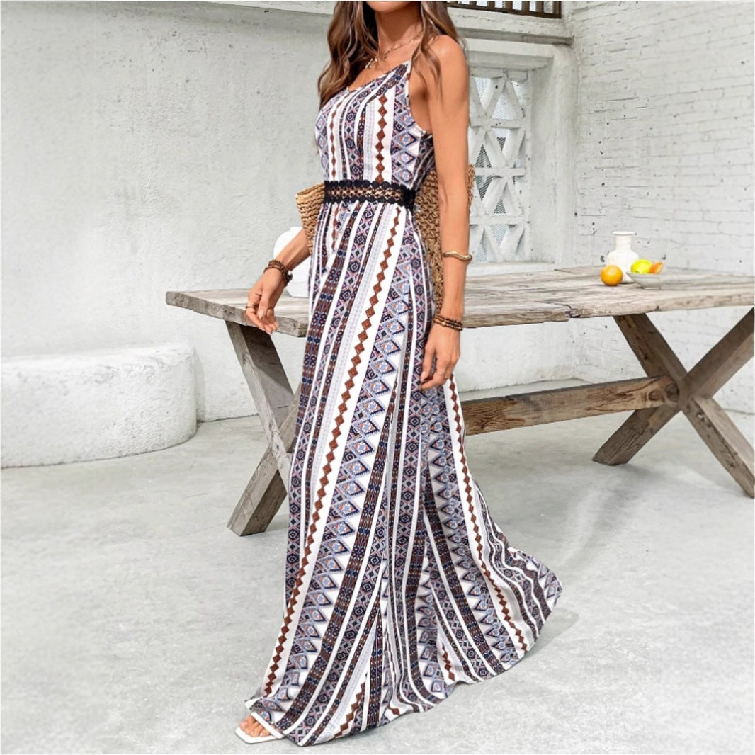 Damen Maxikleid mit bohemian Muster und raffiniertem elastischem Taillenband EB