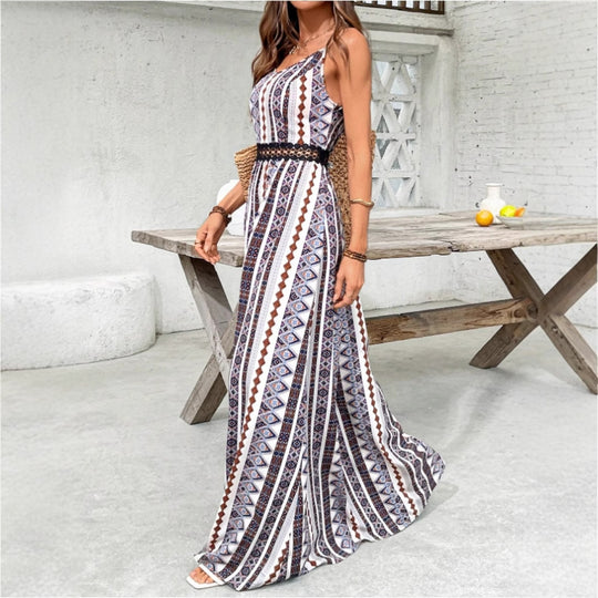 Damen Maxikleid mit bohemian Muster und raffiniertem elastischem Taillenband EB