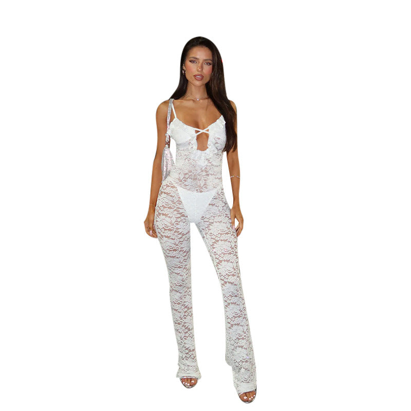 Damen stilvolles Langarm-Catsuit mit Spitzenverzierung und raffiniertem Ausschnitt EB