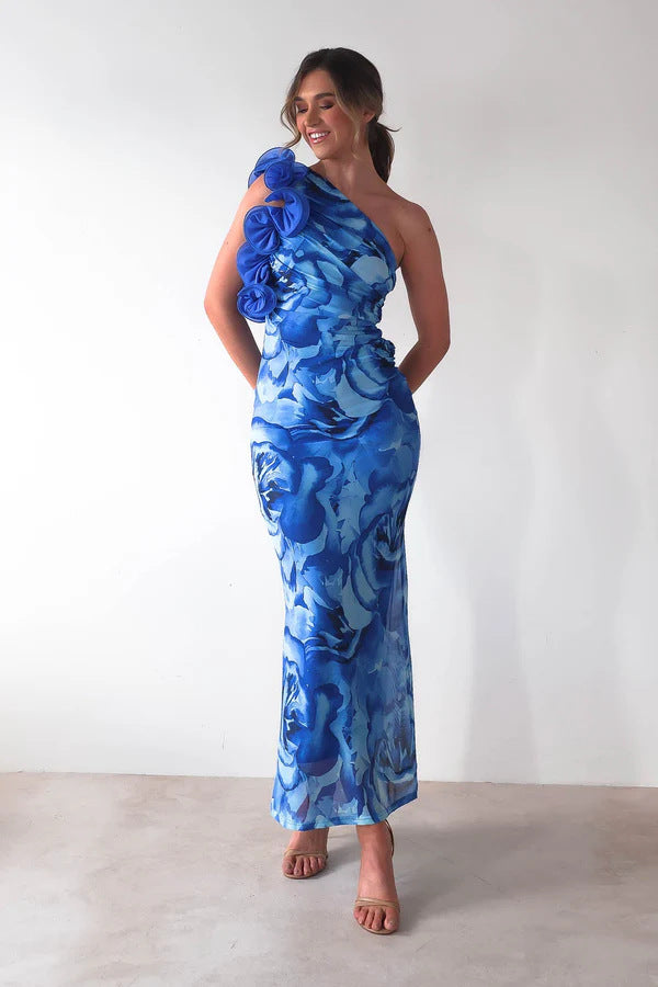 Damen Elegantes Abendkleid mit einseitigem Rüschen-Design und schmalem Schnitt EB