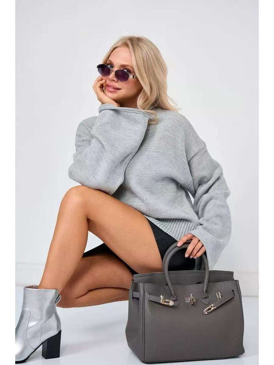 Damen Eleganter Oversized Pullover mit weitem Schnitt und Stehkragen EB