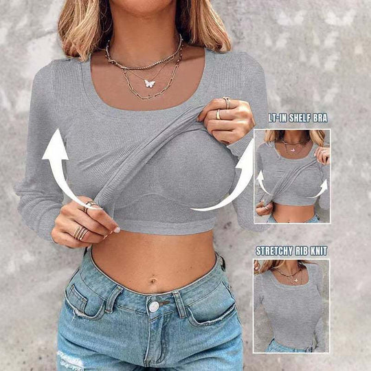Damen Langarm Crop Top mit eingearbeitetem BH und elastischer Rippenstruktur EB