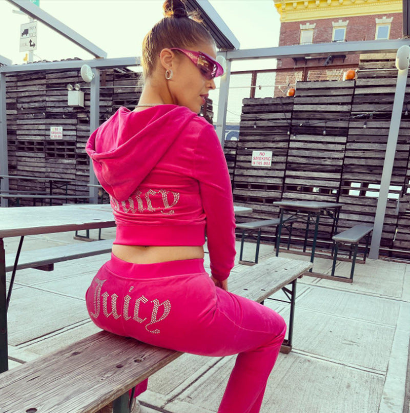 Damen nan luxuriöser Velours Trainingsanzug mit Reißverschlussjacke und Jogginghose EB