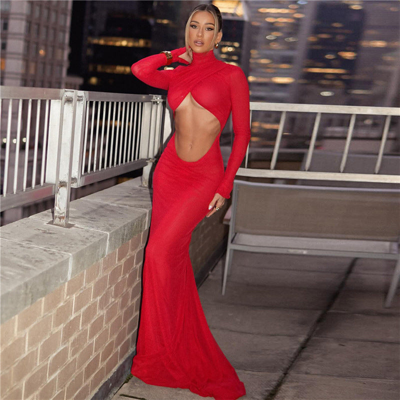Damen figurbetontes Maxikleid mit asymmetrischem Cut-Out und hochgeschlossenem Kragen EB