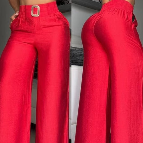 Damen Weite Palazzo-Hose mit hochtailliertem Bund und dekorativem Gürtel EB