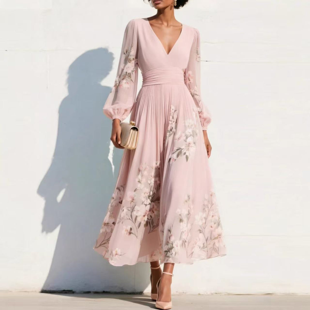 Damen Chiffon-Midikleid mit V‑Ausschnitt, geraffter Taille und floralem Plissee-Rock EB