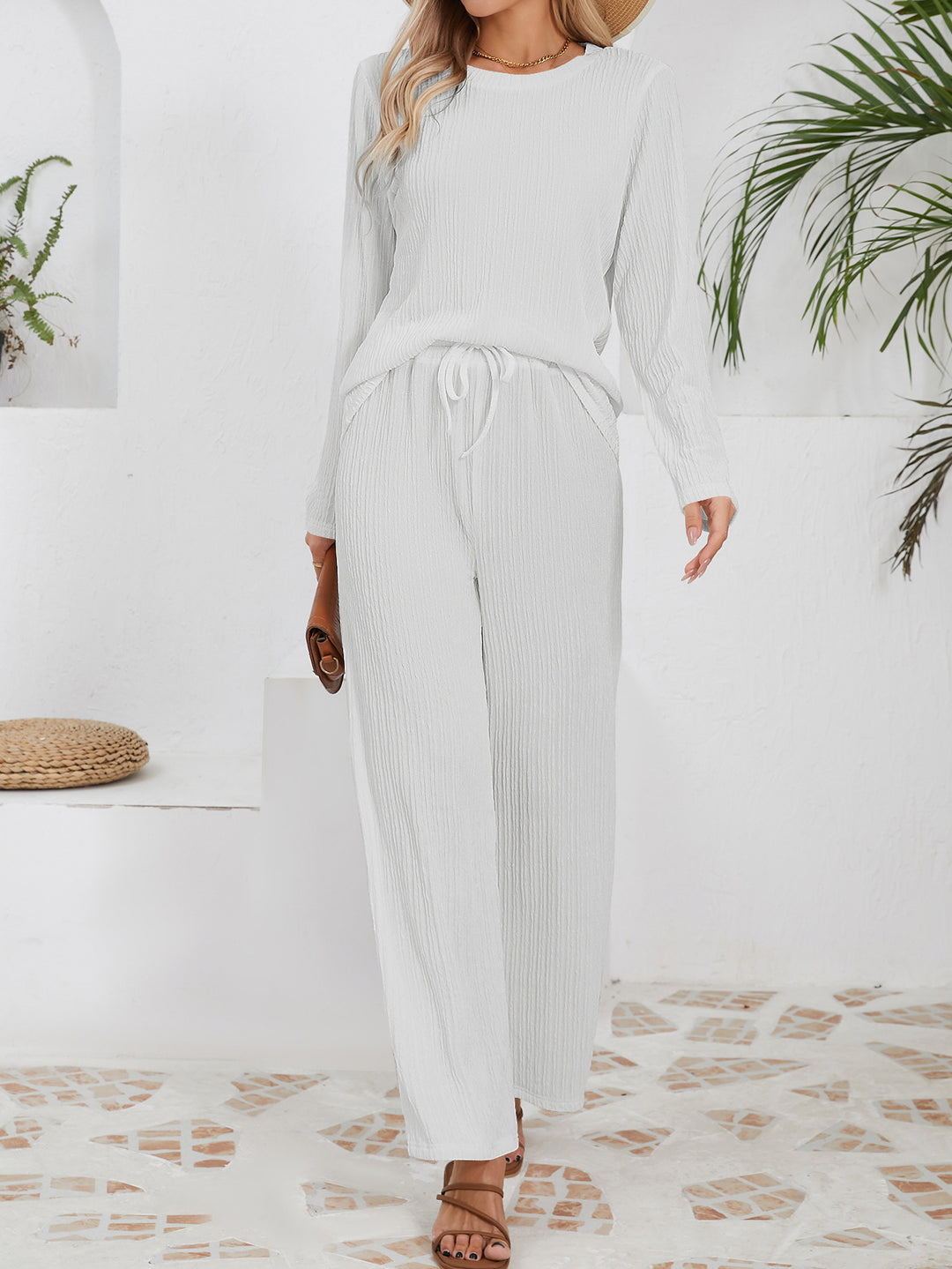 Damen Lässiges Lounge-Set aus leichtem Rippmaterial mit elastischem Bund EB