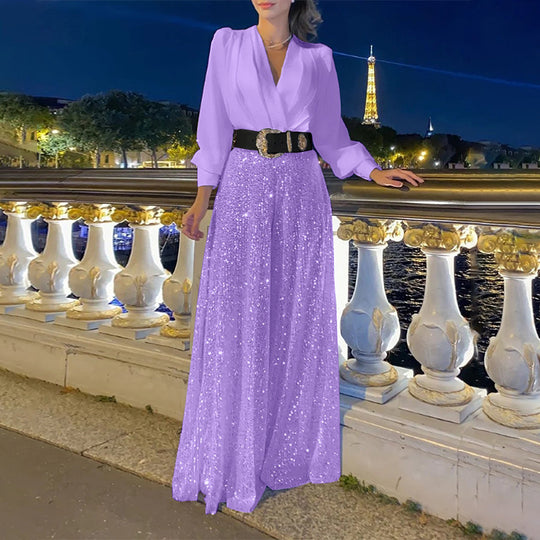 Damen Glamouröses Abendkleid mit schimmerndem Oberteil und weiten Rock EB