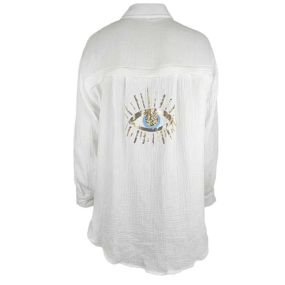 Damen luftige Strandbluse mit glänzendem Eye-Design EB