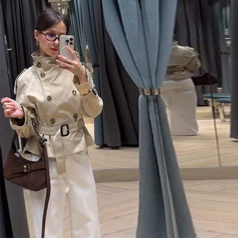 Damen modische Trenchjacke mit Gürtel und doppelter Knopfaiusschnitt EB