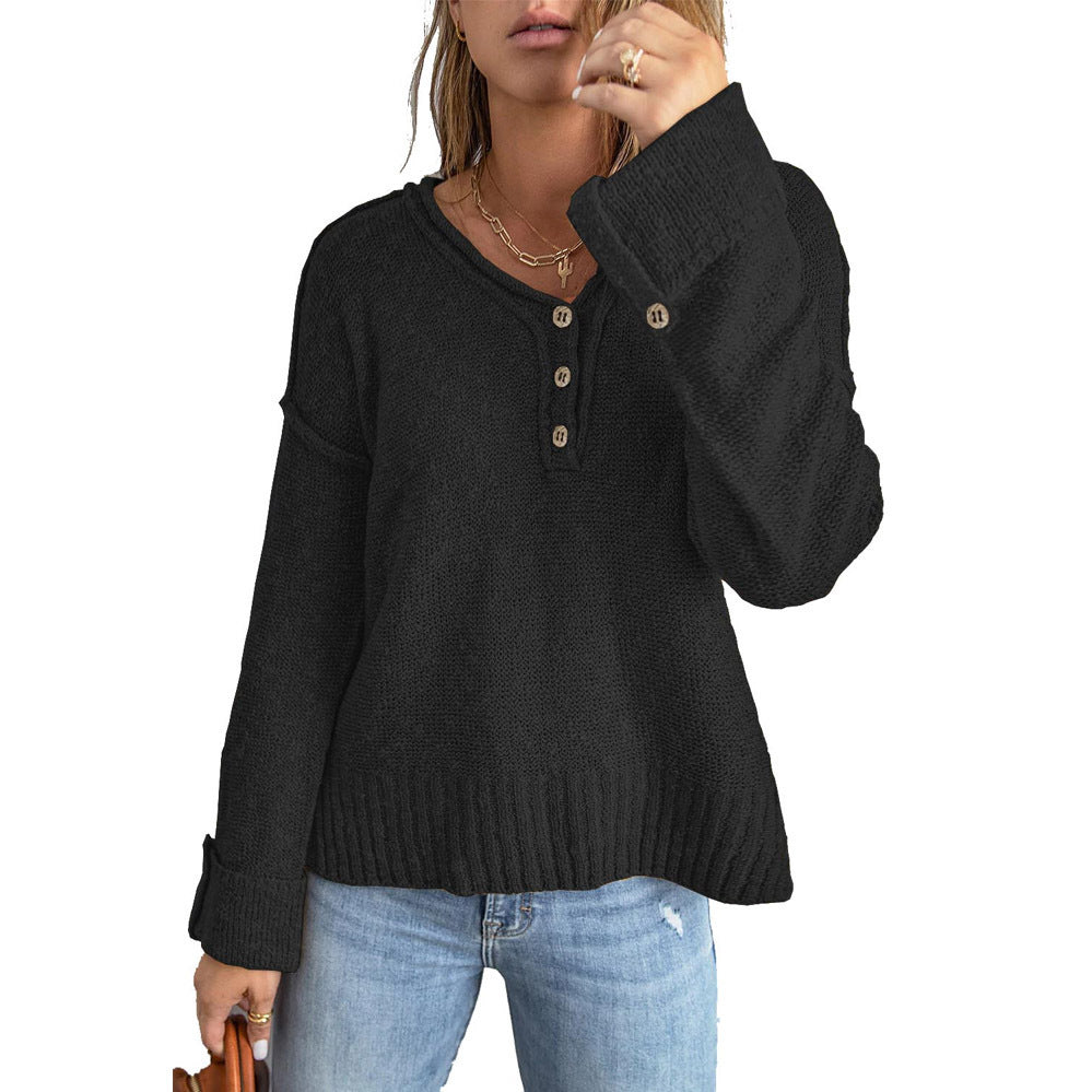 Damen lässiger Strickpullover mit Knopfdetails und überschnittenen Schultern EB