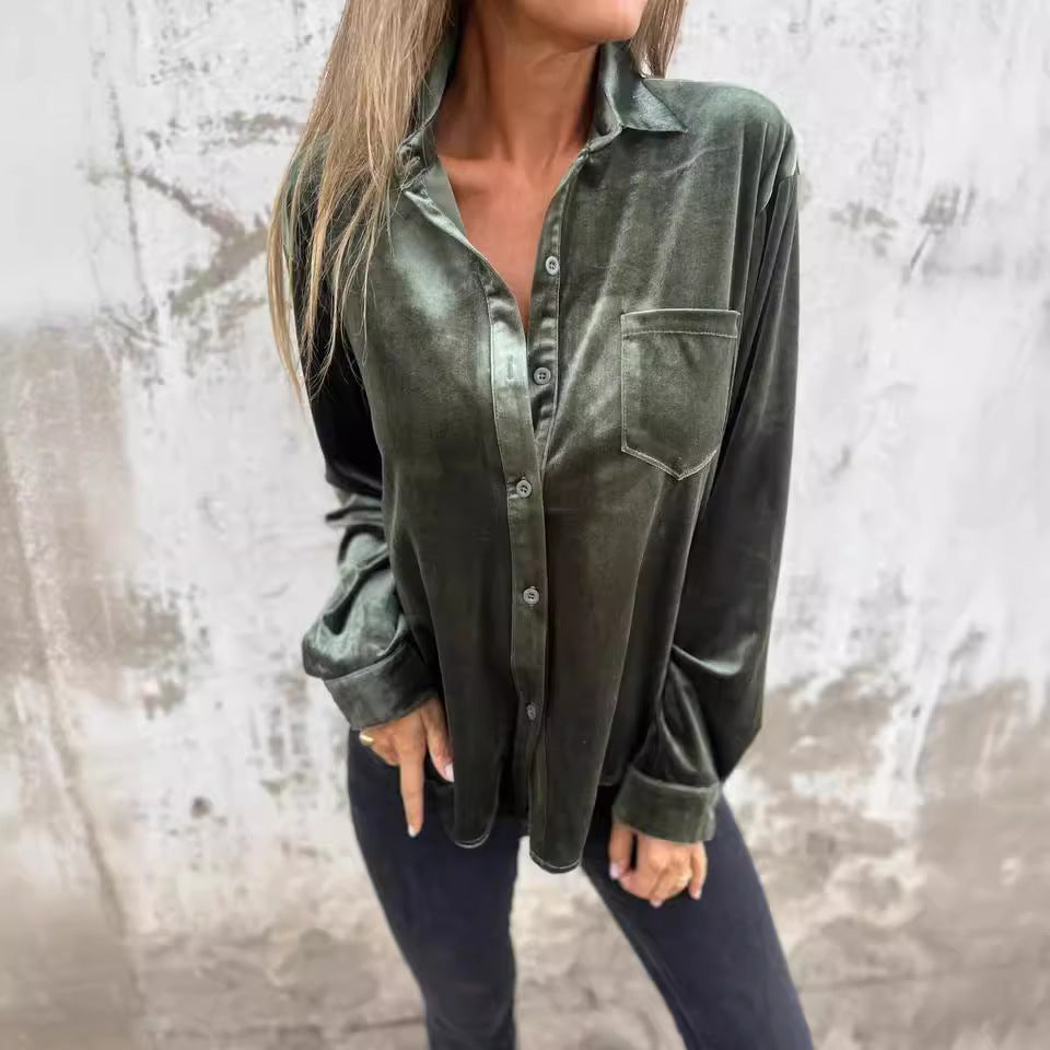 Damen Elegante Veloursbluse mit Brusttasche EB