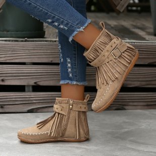 Damen nan knöchelhohe Fransen-Boots in Wildleder-Optik mit dekorativer Schnalle, Ziernieten und gepolstertem Komfortfußbett EB