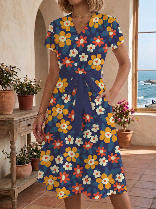 Damen lässiges Maxikleid mit taillierbarem Knoten und dekorativem Karomuster EB