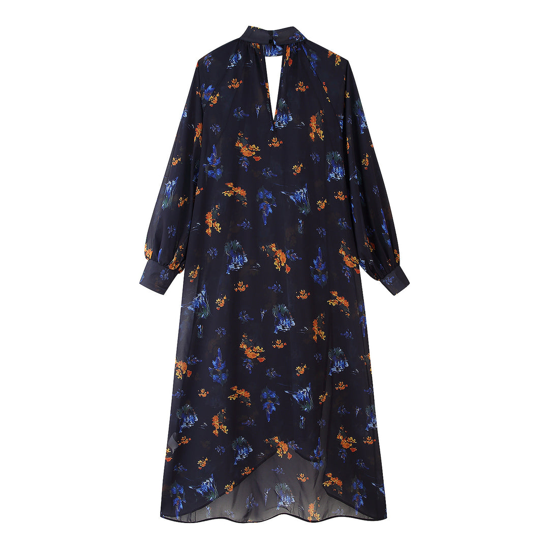 Damen Maxikleid mit elegantem Stehkragen und floralem Design EB