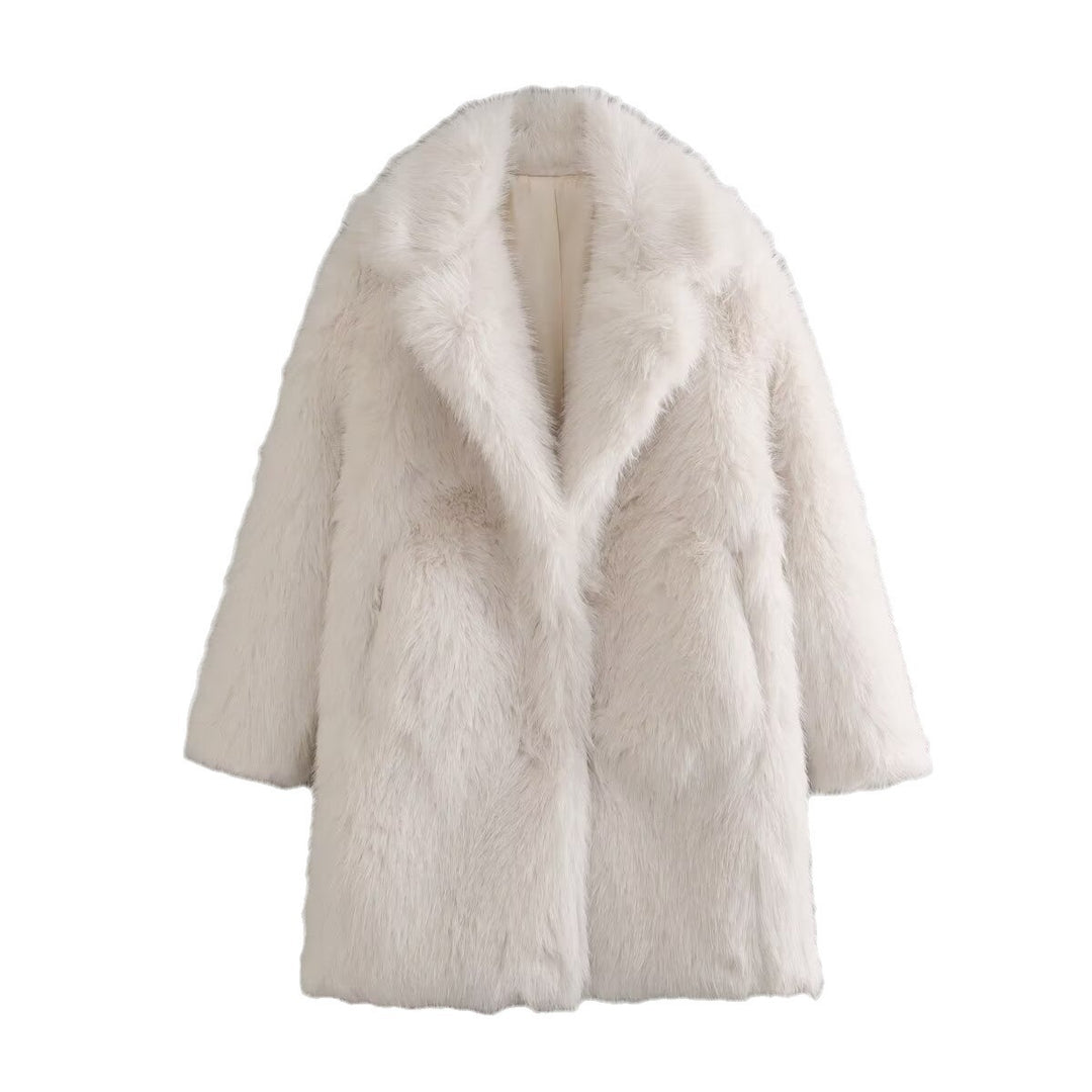Damen luxuriöse Kunstfelljacke mit weichem Revers und großen Taschen EB