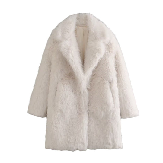 Damen luxuriöser Kunstfellmantel mit elegantem Revers und tiefem Kragen EB